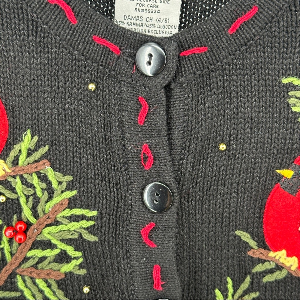 Small Black and Red Cardinal Cardigan Sweater Ugly Christmas Embroidered - Picture 5 of 7